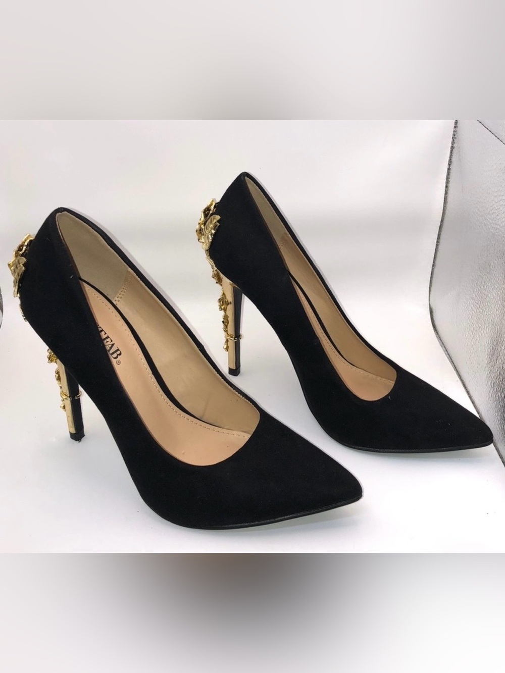 Black Suede Pointed-Toe Pumps with Gold Accent Heel Size8